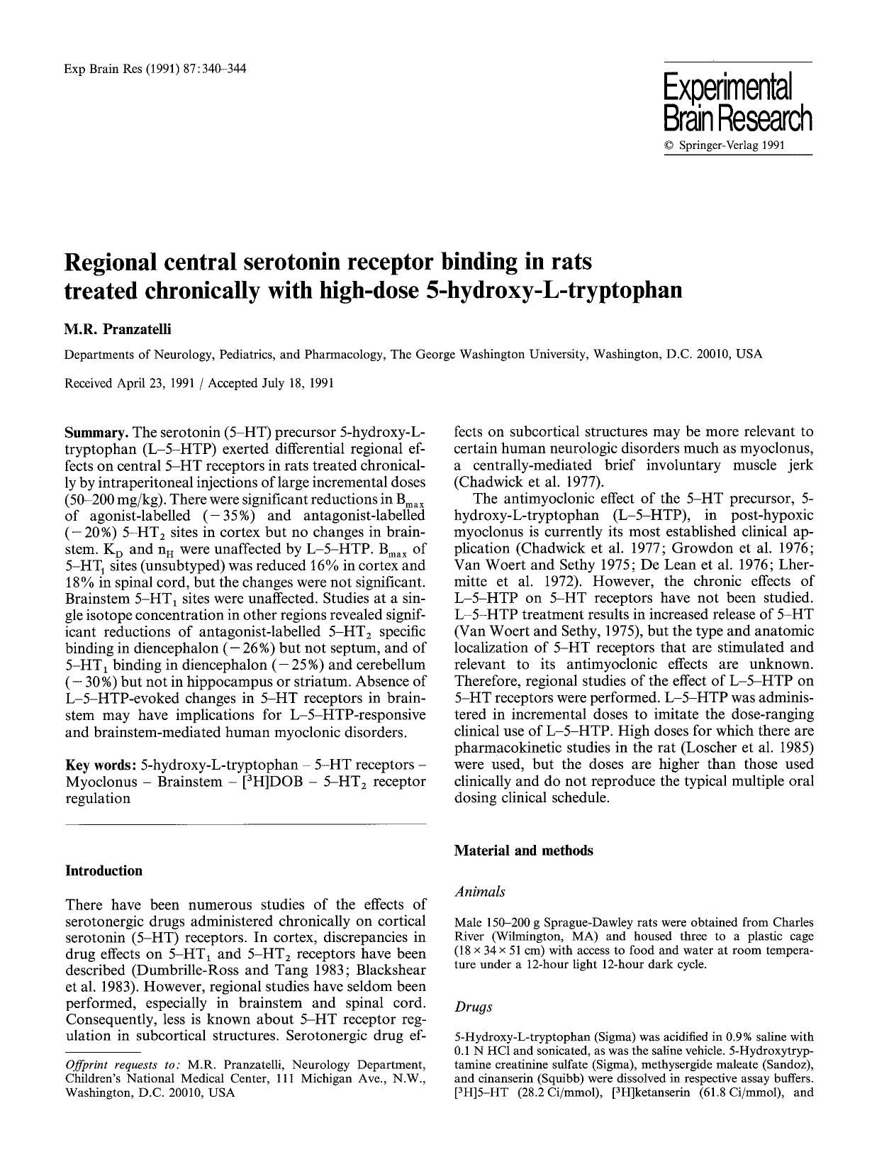Regional central serotonin receptor binding in rats treated chronically with high-dose 5-hydroxy-L-tryptophan by Unknown