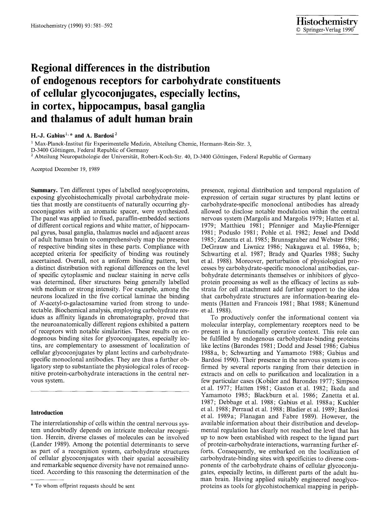 Regional differences in the distribution of endogenous receptors for carbohydrate constituents of cellular glycoconjugates, especially lectins, in cortex, hippocampus, basal gangli by Unknown
