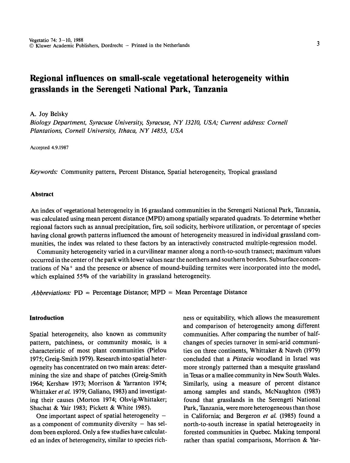 Regional influences on small-scale vegetational heterogeneity within grasslands in the Serengeti National Park, Tanzania by Unknown