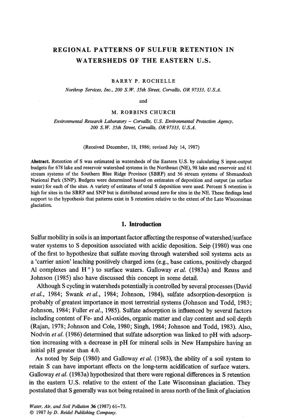 Regional patterns of sulfur retention in watersheds of the Eastern US by Unknown