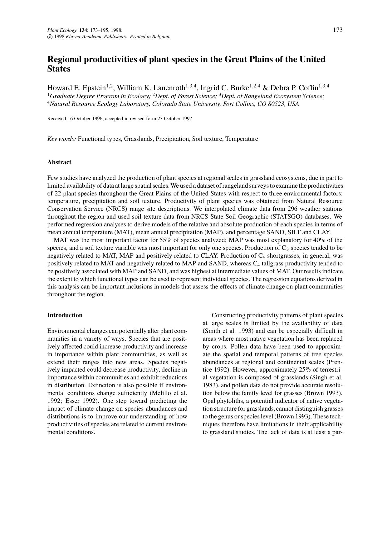 Regional productivities of plant species in the Great Plains of the United States by Unknown