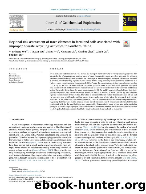 Regional risk assessment of trace elements in farmland soils associated with improper e-waste recycling activities in Southern China by Wencheng Wu & Yingxin Wu & Jiahui Wu & Xiaowen Liu & Xianbin Chen & Xinde Cai & Shixiao Yu