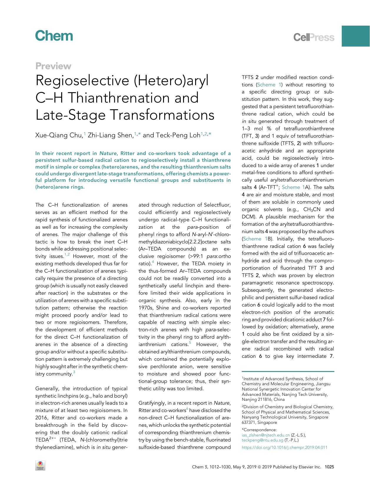 Regioselective (Hetero)aryl C-H Thianthrenation and Late-Stage Transformations by Xue-Qiang Chu