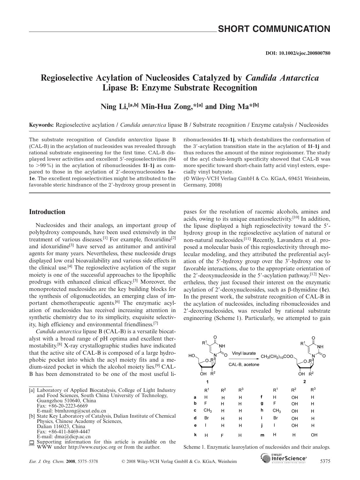 Regioselective Acylation of Nucleosides Catalyzed by Candida Antarctica Lipase B: Enzyme Substrate Recognition by Unknown