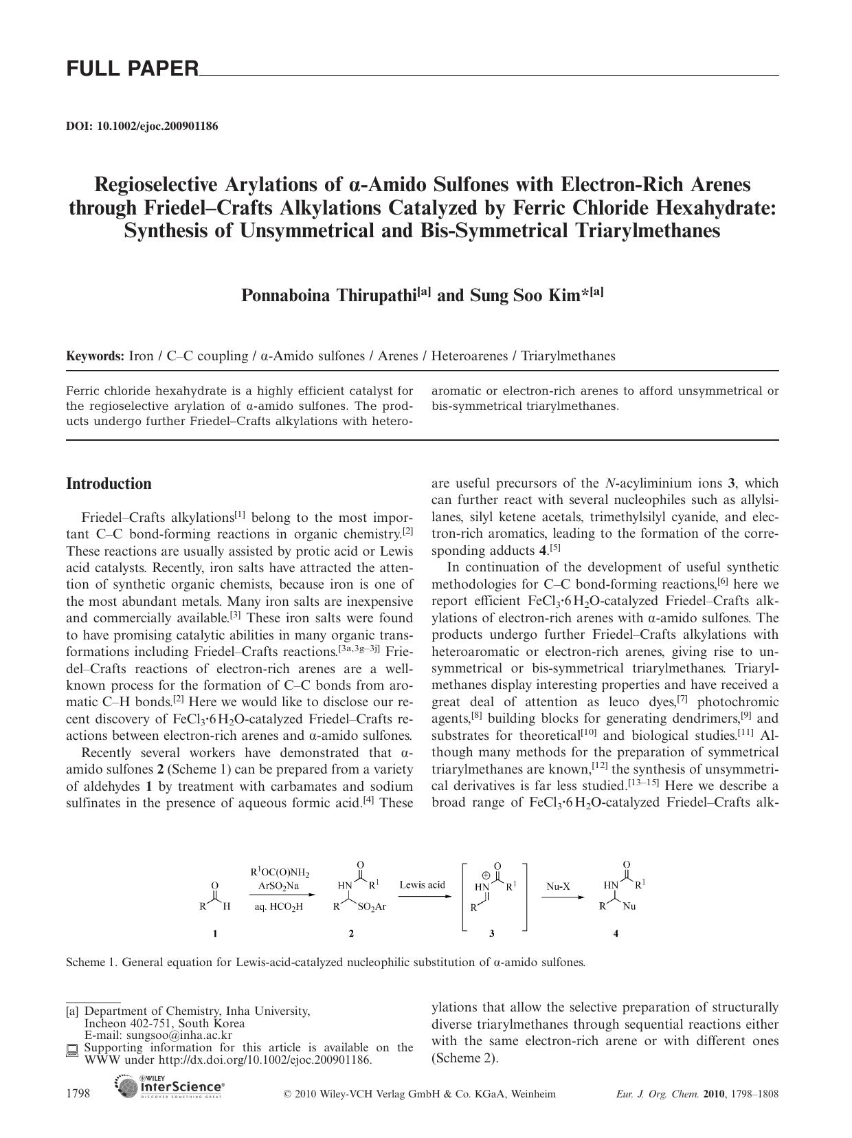 Regioselective Arylations of [alpha]-Amido Sulfones with Electron-Rich Arenes through Friedel-Crafts Alkylations Catalyzed by Ferric Chloride Hexahydrate: Synthesis of Unsymmetrica by Unknown