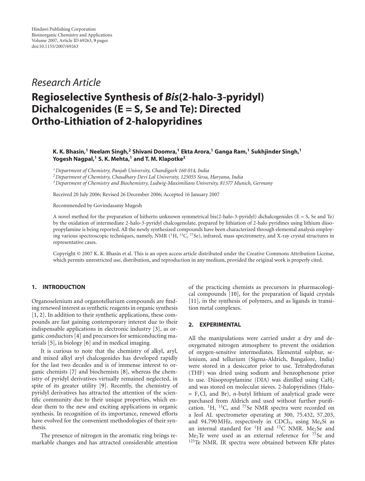Regioselective Synthesis of Bis(2-halo-3-pyridyl) Dichalcogenides (E = S, Se and Te): Directed Ortho-Lithiation of 2-halopyridines by K. K. Bhasin et al
