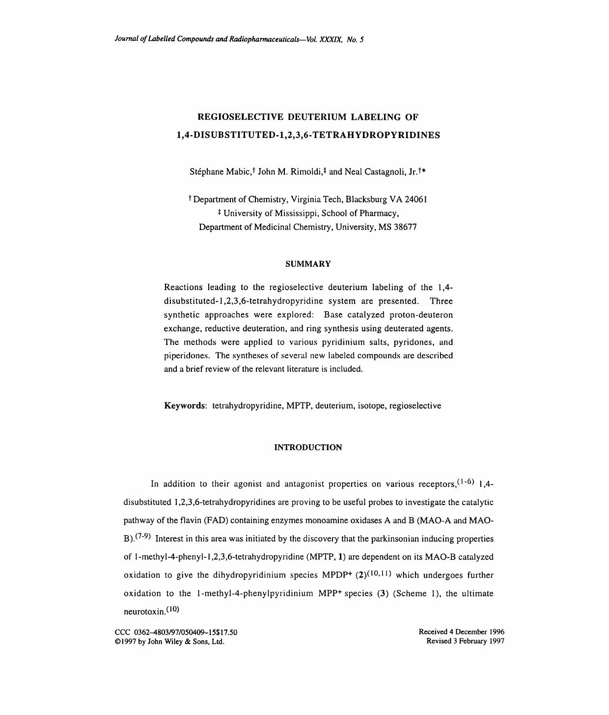Regioselective deuterium labeling of 1,4-disubstituted-1,2,3,6-tetrahydropyridines by Unknown