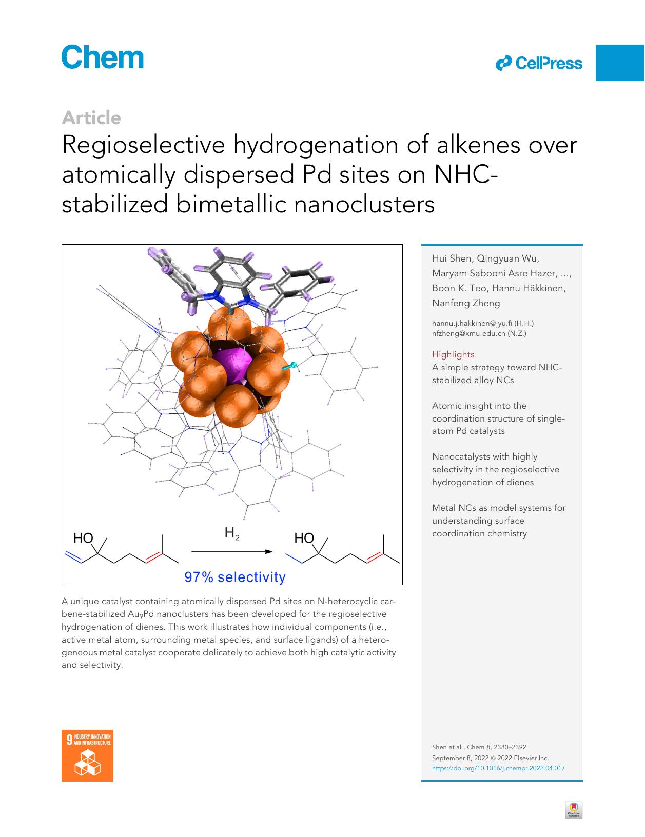 Regioselective hydrogenation of alkenes over atomically dispersed Pd sites on NHC-stabilized bimetallic nanoclusters by unknow