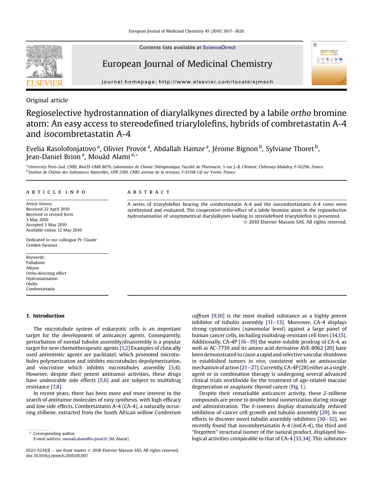 Regioselective hydrostannation of diarylalkynes directed by a labile ortho bromine atom: An easy access to stereodefined triarylolefins, hybrids of combretastatin A-4 and isocombretastatin A-4 by unknow