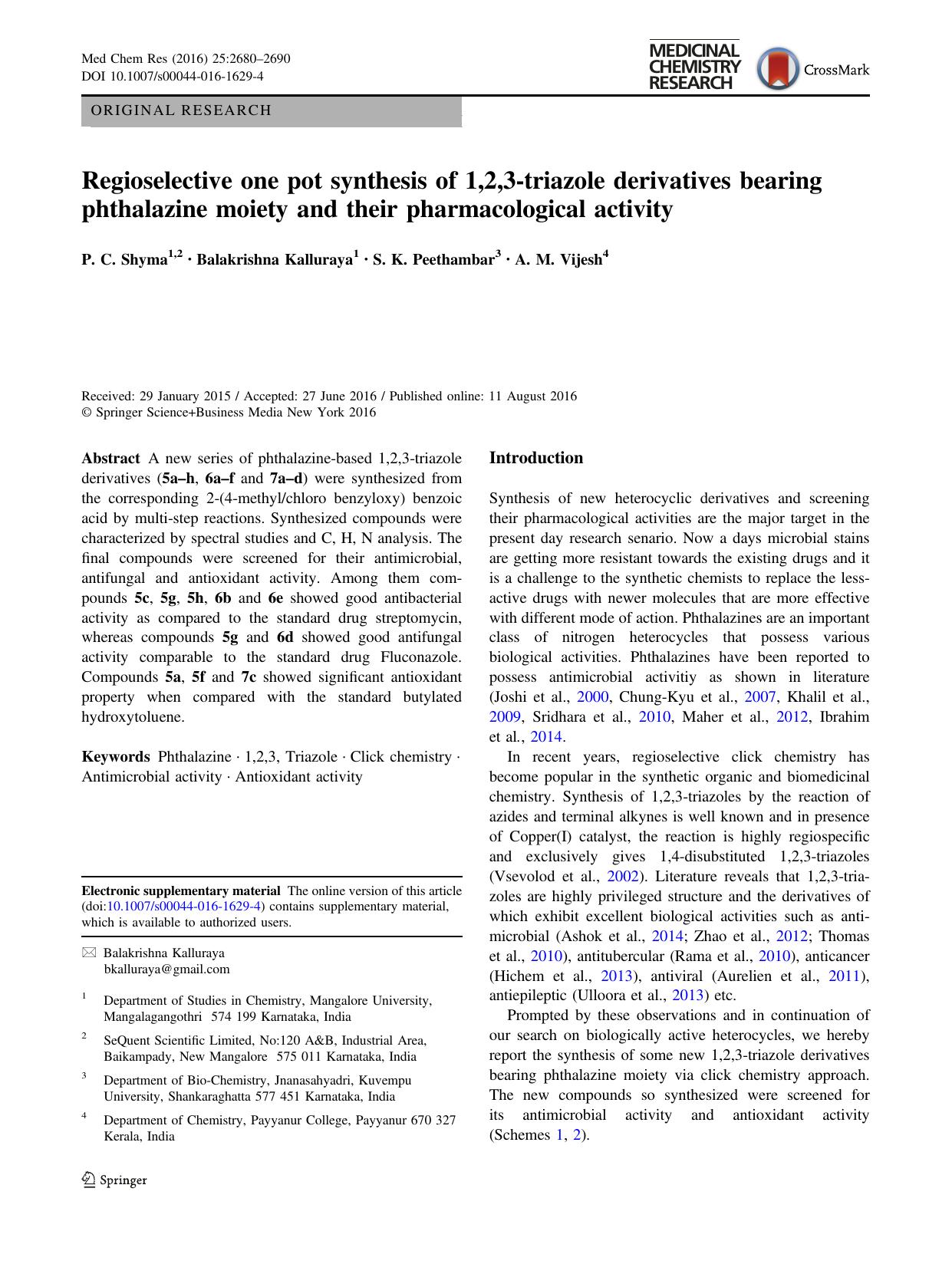 Regioselective one pot synthesis of 1,2,3-triazole derivatives bearing phthalazine moiety and their pharmacological activity by P. C. Shyma & Balakrishna Kalluraya & S. K. Peethambar & A. M. Vijesh
