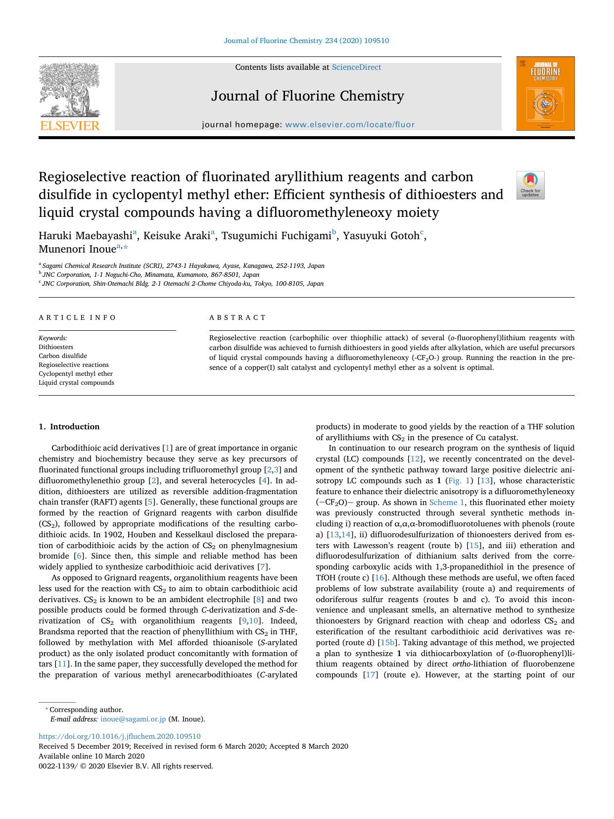 Regioselective reaction of fluorinated aryllithium reagents and carbon disulfide in cyclopentyl methyl ether_ Efficient synthesis of dithioesters and liquid crystal compounds havin by Haruki Maebayashi & Keisuke Araki & Tsugumichi Fuchigami & Yasuyuki Gotoh & Munenori Inoue