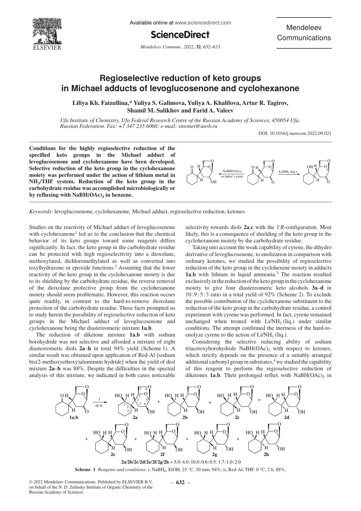 Regioselective reduction of keto groups in Michael adducts of levoglucosenone and cyclohexanone by unknow