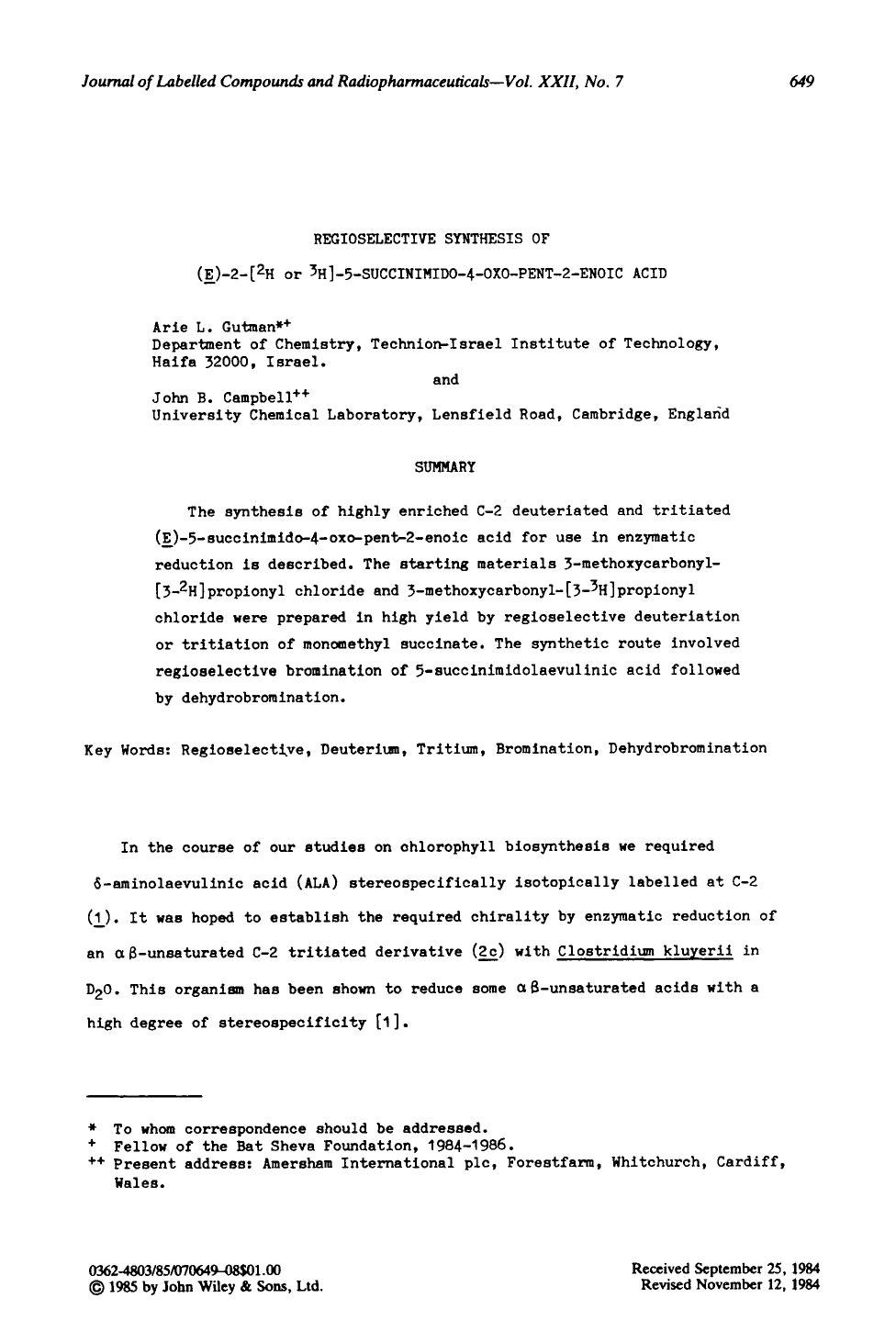 Regioselective synthesis of (E)-2-[2H or 3H]-5-succinimido-4-oxo-pent-2-enoic acid by Unknown