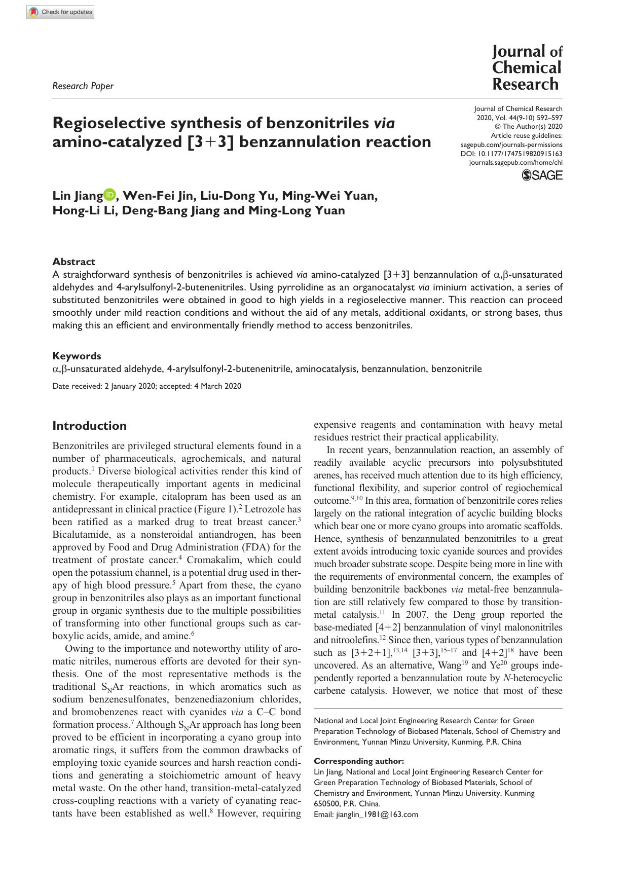 Regioselective synthesis of benzonitriles via amino-catalyzed [3+3] benzannulation reaction by Lin Jiang Wen-Fei Jin Liu-Dong Yu Ming-Wei Yuan Hong-Li Li Deng-Bang Jiang & Ming-Long Yuan