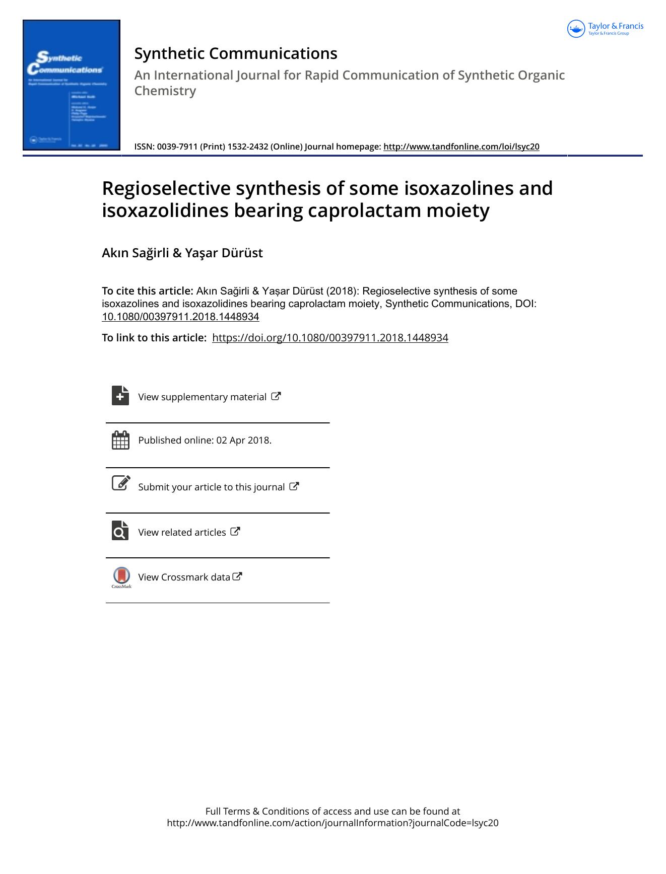 Regioselective synthesis of some isoxazolines and isoxazolidines bearing caprolactam moiety by Akın Sağirli
