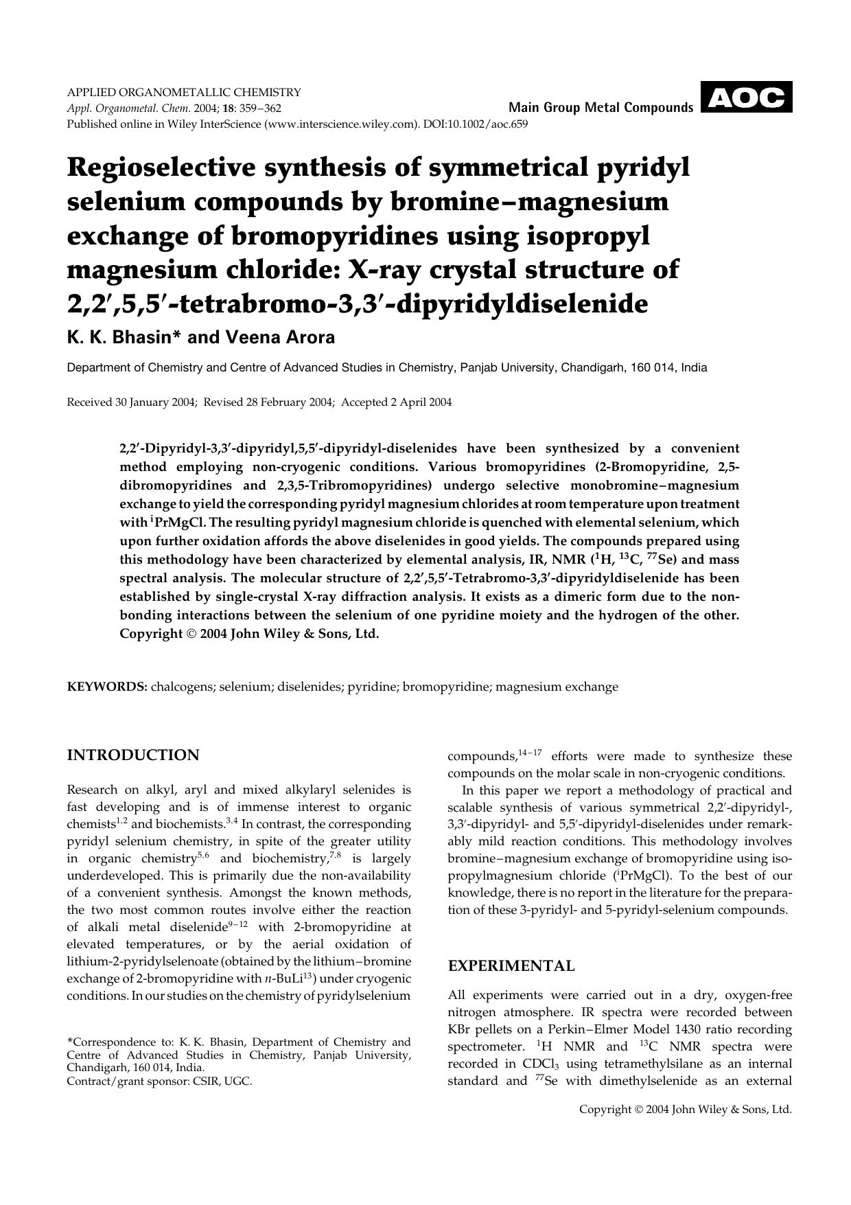 Regioselective synthesis of symmetrical pyridyl selenium compounds by bromine-magnesium exchange of bromopyridines using isopropyl magnesium chloride: X-ray crystal structure of 2, by Unknown