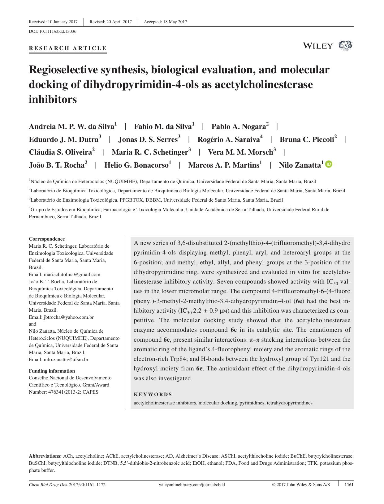 Regioselective synthesis, biological evaluation, and molecular docking of dihydropyrimidin‐4‐ols as acetylcholinesterase inhibitors by unknow