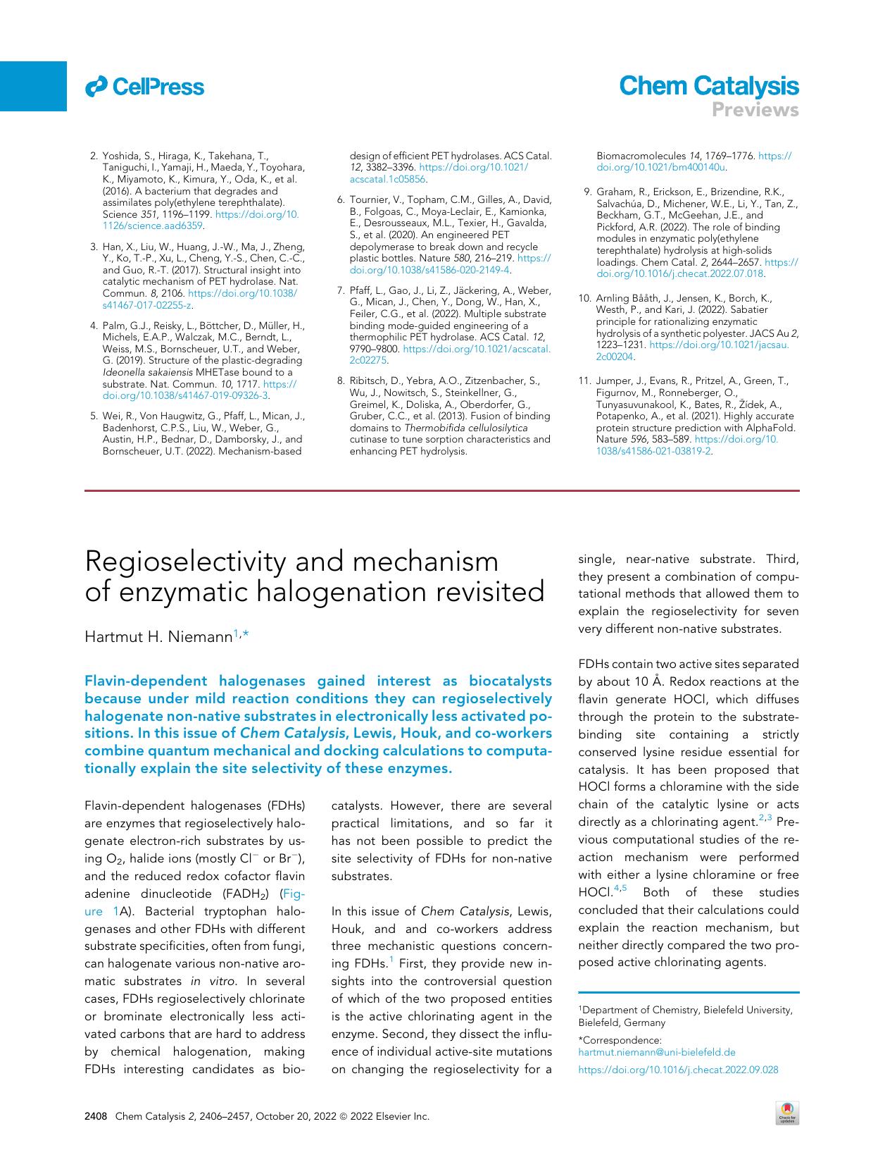 Regioselectivity and mechanism of enzymatic halogenation revisited by Hartmut H. Niemann