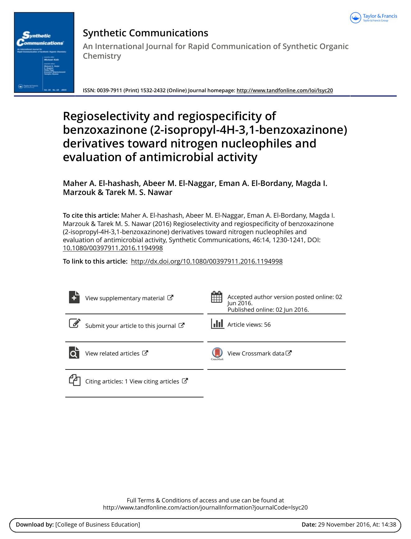 Regioselectivity and regiospecificity of benzoxazinone (2-isopropyl-4H-3,1-benzoxazinone) derivatives toward nitrogen nucleophiles and evaluation of antimicrobial activity by Maher A. El-hashash