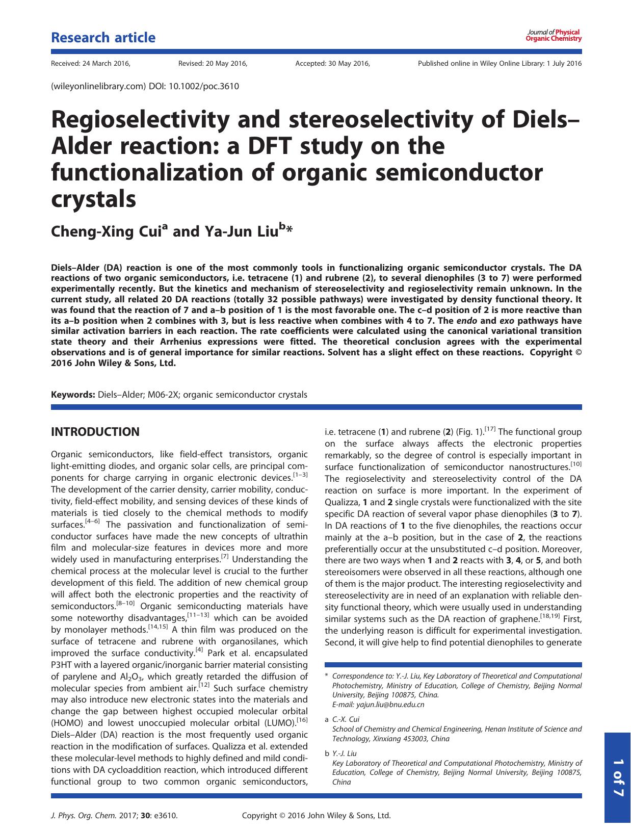 Regioselectivity and stereoselectivity of DielsâAlder reaction: a DFT study on the functionalization of organic semiconductor crystals by Cheng-Xing Cui & Ya-Jun Liu