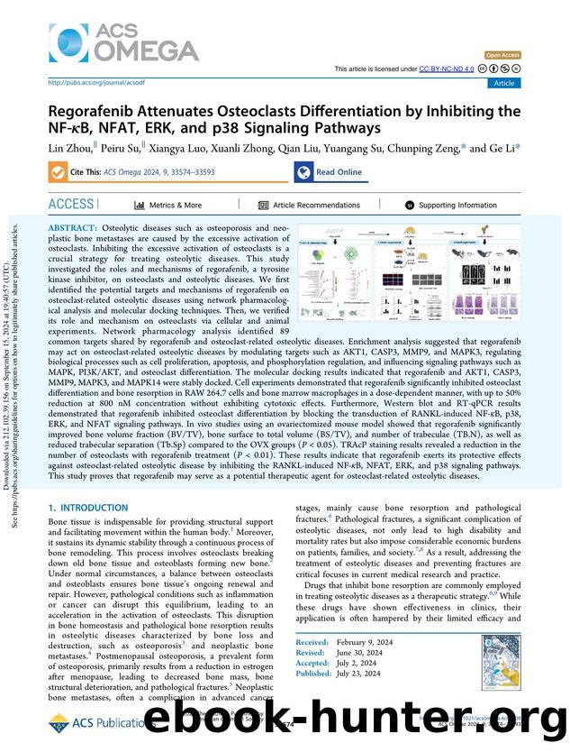 Regorafenib Attenuates Osteoclasts Differentiation by Inhibiting the NF-ÎºB, NFAT, ERK, and p38 Signaling Pathways by Lin Zhou Peiru Su Xiangya Luo Xuanli Zhong Qian Liu Yuangang Su Chunping Zeng & Ge Li