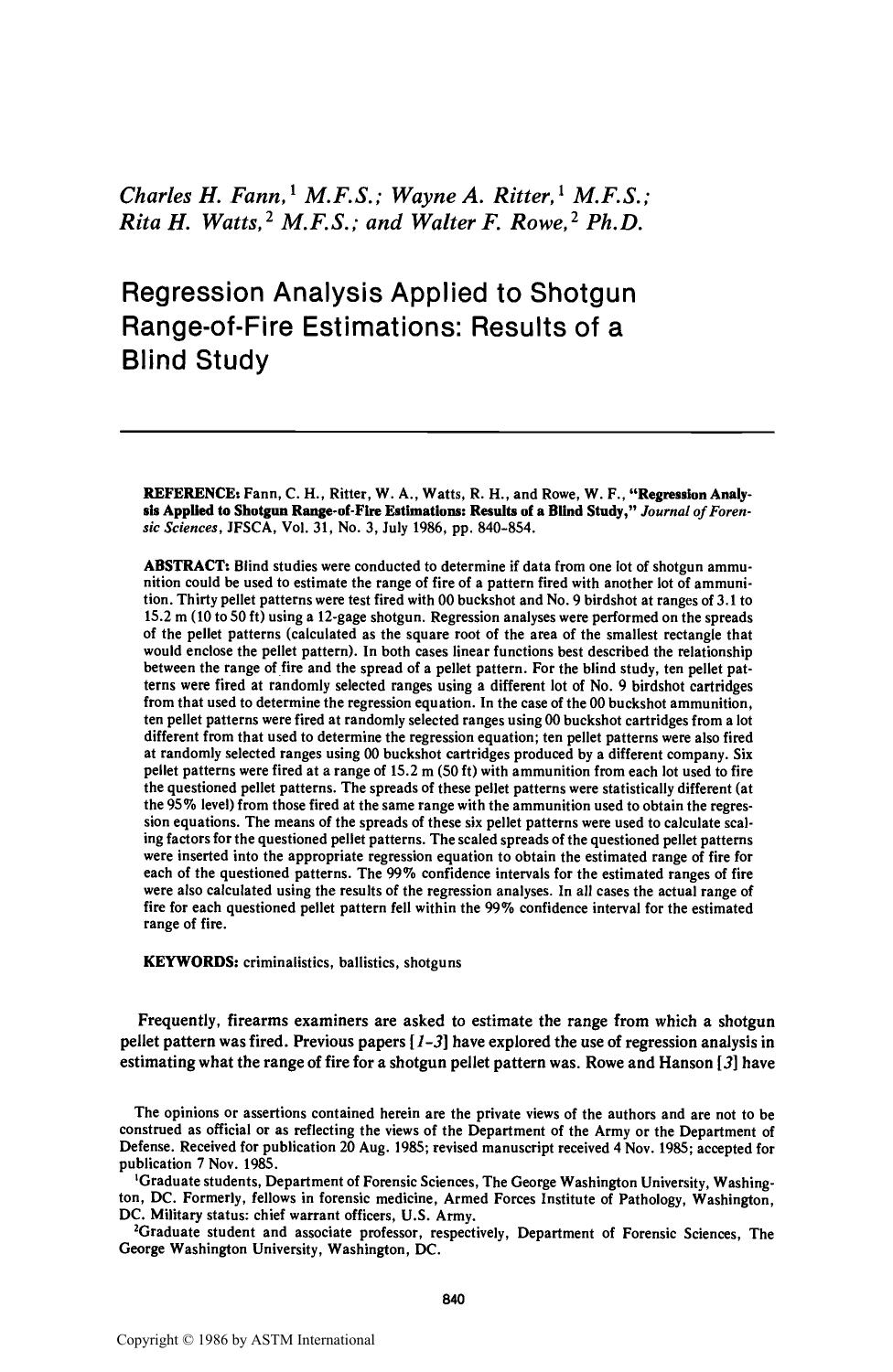Regression Analysis Applied to Shotgun Range-of-Fire Estimations: Results of a Blind Study by Fann CH Ritter WA Watts RH Rowe WF