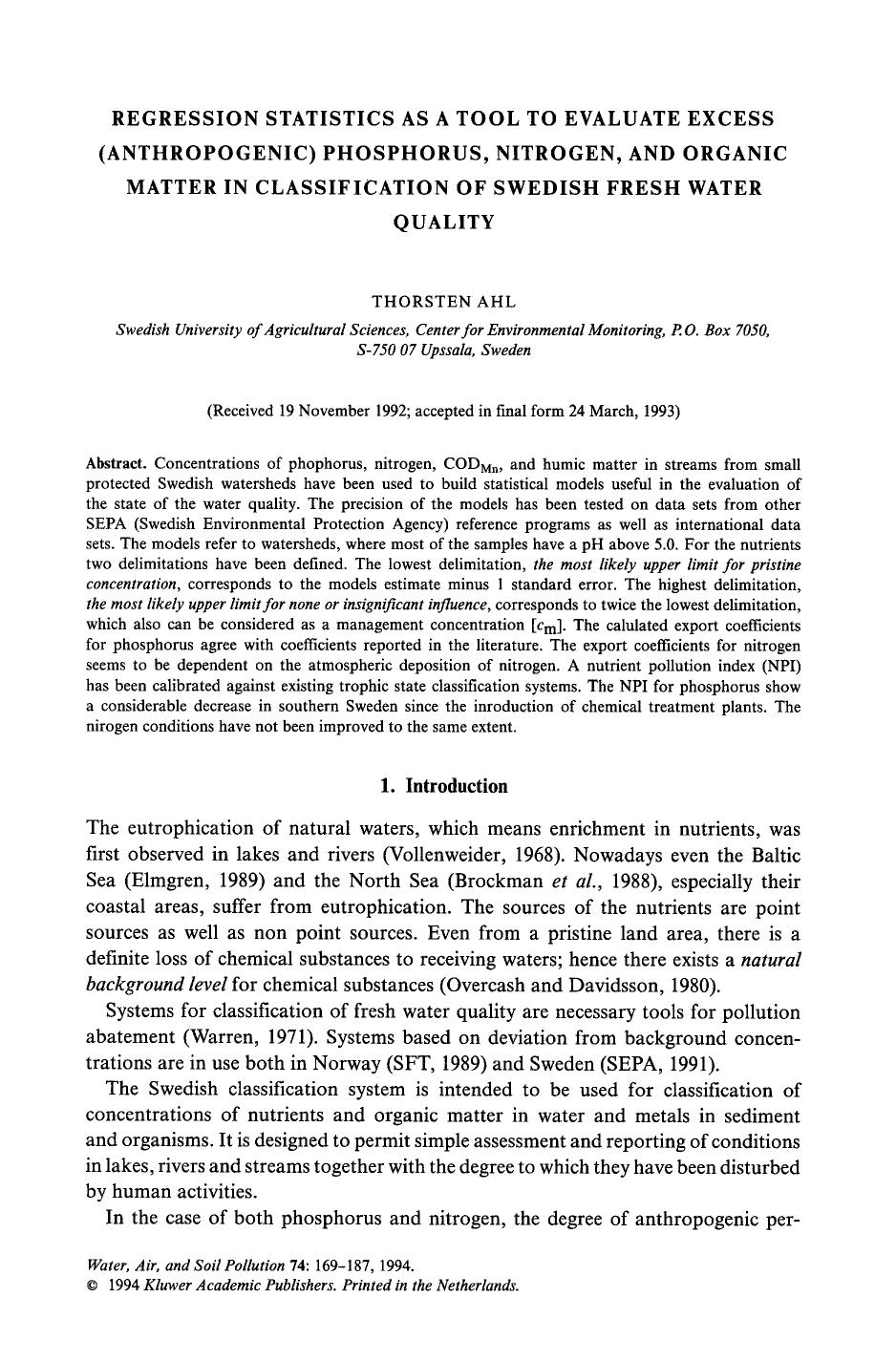Regression statistics as a tool to evaluate excess (anthropogenic) phosphorus, nitrogen, and organic matter in classification of Swedish fresh water quality by Unknown