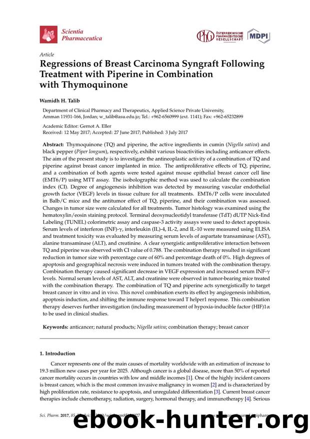 Regressions of Breast Carcinoma Syngraft Following Treatment with Piperine in Combination with Thymoquinone by Wamidh H. Talib