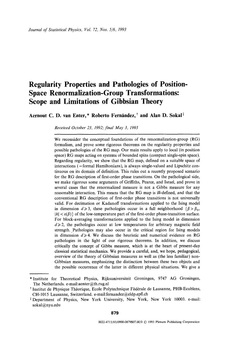 Regularity properties and pathologies of position-space renormalization-group transformations: Scope and limitations of Gibbsian theory by Unknown