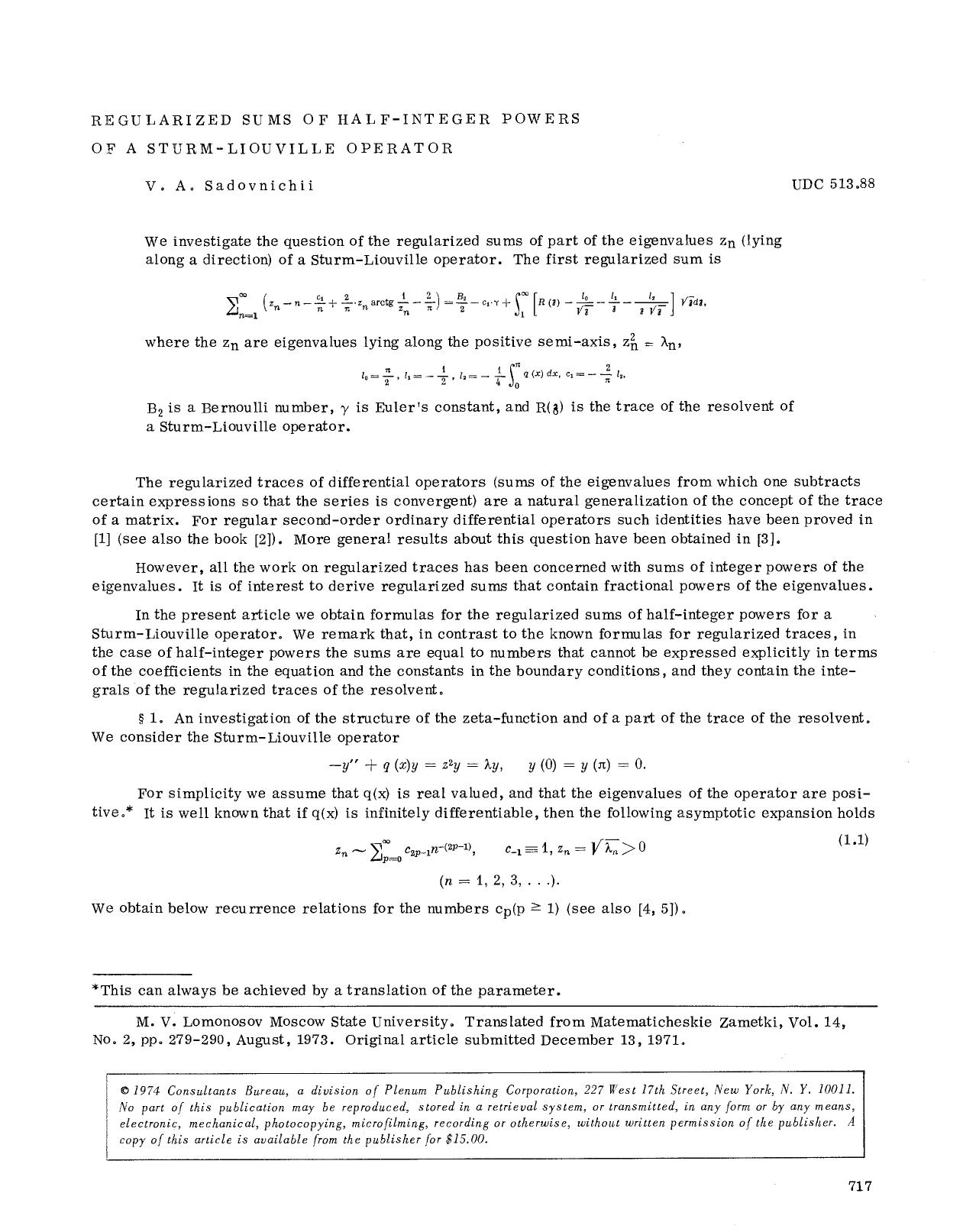Regularized sums of half-integer powers of a Sturm-Liouville operator by Unknown