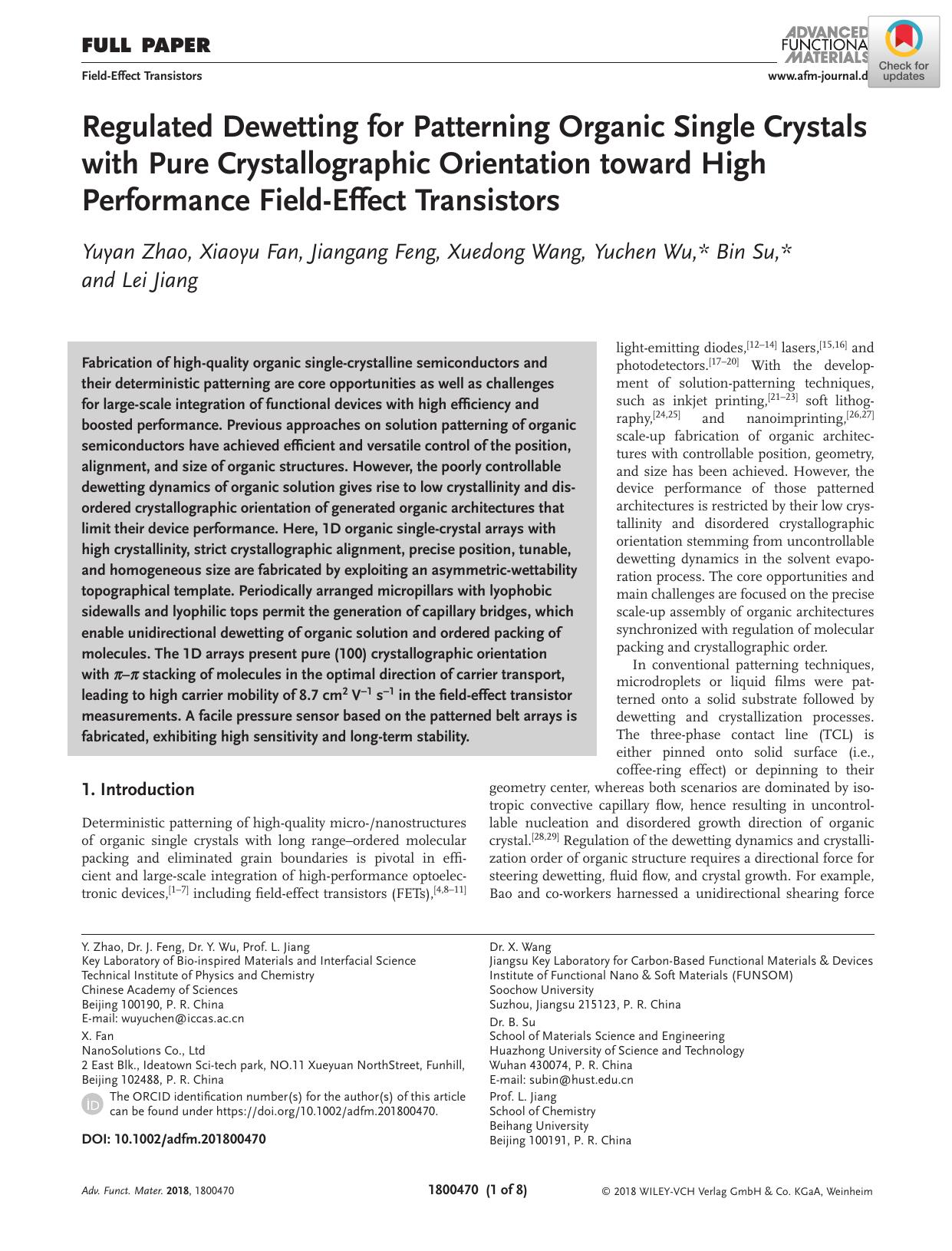 Regulated Dewetting for Patterning Organic Single Crystals with Pure Crystallographic Orientation toward High Performance FieldâEffect Transistors by Unknown