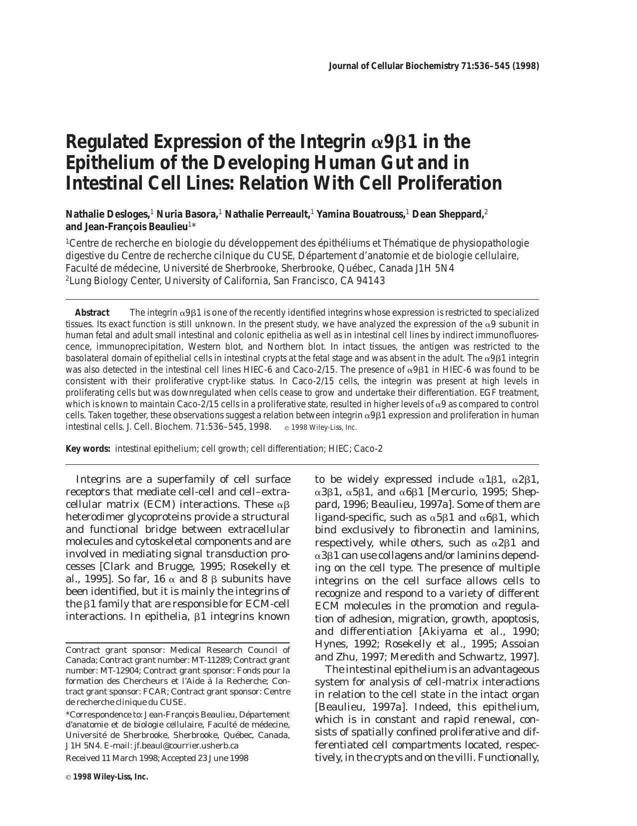 Regulated expression of the integrin [agr]9[bgr]1 in the epithelium of the developing human gut and in intestinal cell lines: Relation with cell proliferation by Unknown