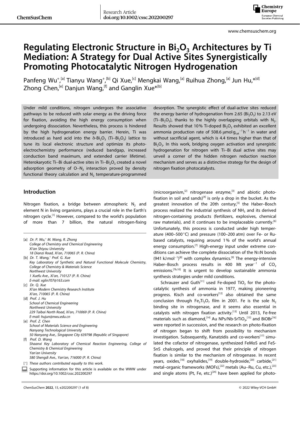 Regulating Electronic Structure in Bi2O3 Architectures by Ti Mediation: A Strategy for Dual Active Sites Synergistically Promoting Photocatalytic Nitrogen Hydrogenation by Unknown