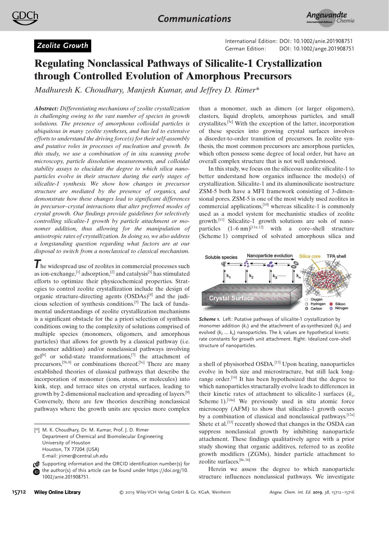 Regulating Nonclassical Pathways of Silicaliteâ1 Crystallization through Controlled Evolution of Amorphous Precursors by Unknown
