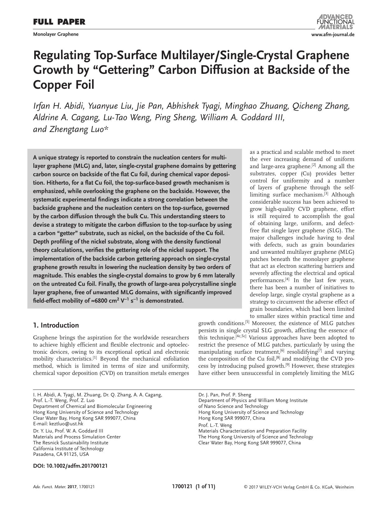 Regulating Top‐Surface MultilayerSingle‐Crystal Graphene Growth by “Gettering” Carbon Diffusion at Backside of the Copper Foil by Unknown