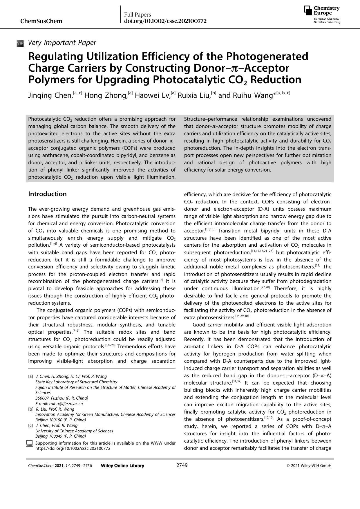 Regulating Utilization Efficiency of the Photogenerated Charge Carriers by Constructing DonorâÏâAcceptor Polymers for Upgrading Photocatalytic CO2 Reduction by Unknown