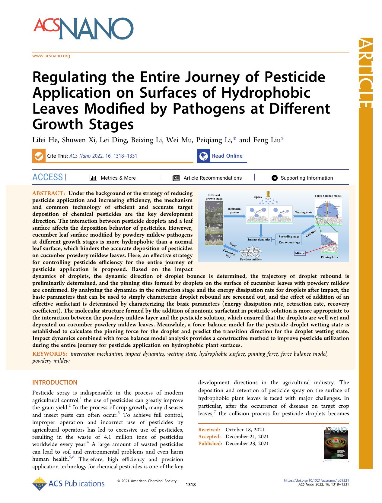 Regulating the Entire Journey of Pesticide Application on Surfaces of Hydrophobic Leaves Modified by Pathogens at Different Growth Stages by Lifei He Shuwen Xi Lei Ding Beixing Li Wei Mu Peiqiang Li and Feng Liu
