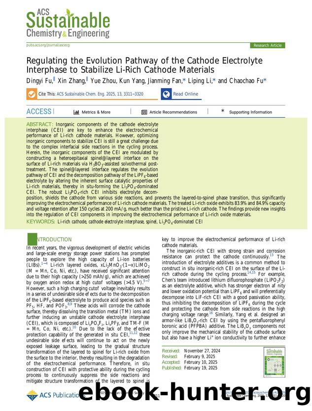 Regulating the Evolution Pathway of the Cathode Electrolyte Interphase to Stabilize Li-Rich Cathode Materials by Dingyi Fu Xin Zhang Yue Zhou Kun Yang Jianming Fan Liping Li and Chaochao Fu