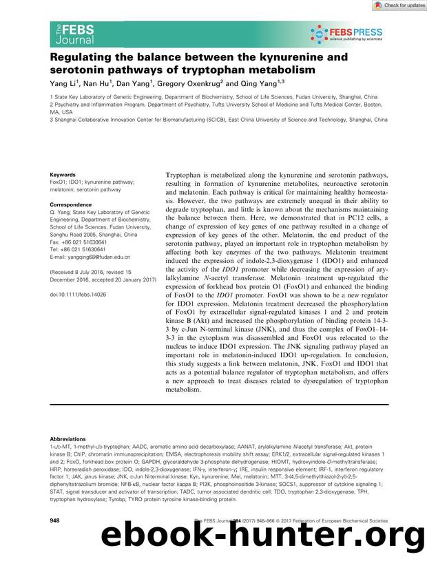 Regulating the balance between the kynurenine and serotonin pathways of tryptophan metabolism by Unknown