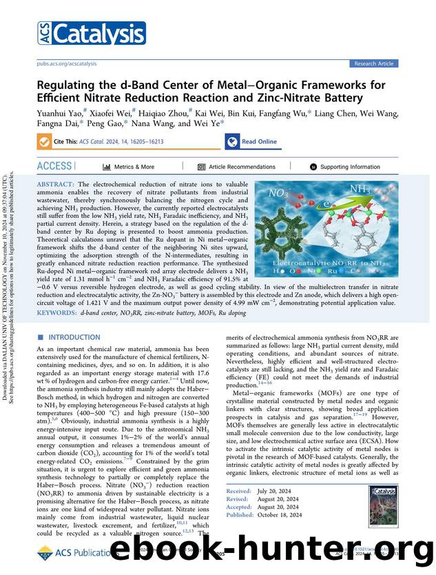 Regulating the d-Band Center of MetalâOrganic Frameworks for Efficient Nitrate Reduction Reaction and Zinc-Nitrate Battery by unknow