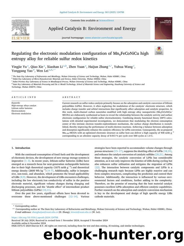 Regulating the electronic modulation configuration of MnxFeCoNiCu high entropy alloy for reliable sulfur redox kinetics by Yingjie Yu & Qiao Xie & Xiaohan Li & Zhen Yuan & Haijun Zhang & Yuhua Wang & Yonggang Yao & Wen Lei