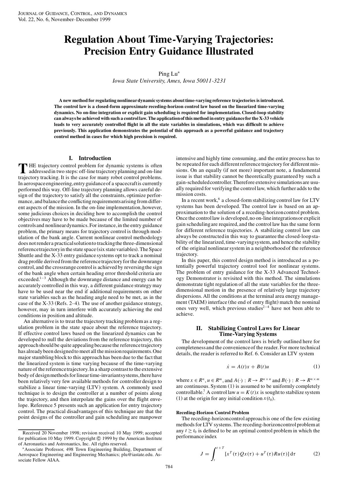 Regulation About Time-Varying Trajectories: Precision Entry Guidance Illustrated by Unknown