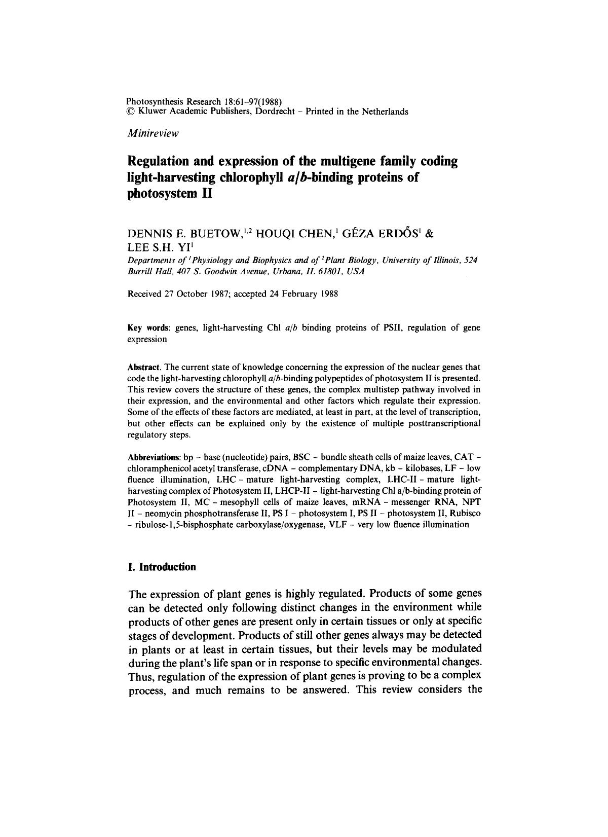 Regulation and expression of the multigene family coding light-harvesting chlorophyll <Emphasis Type="Italic">ab <Emphasis>-binding proteins of photosystem II by Unknown