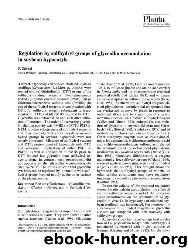 Regulation by sulfhydryl groups of glyceollin accumulation in soybean hypocotyls by Unknown