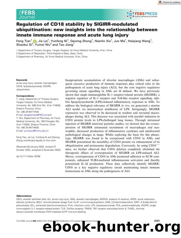 Regulation of CD18 stability by SIGIRRâmodulated ubiquitination: new insights into the relationship between innate immune response and acute lung injury by Unknown