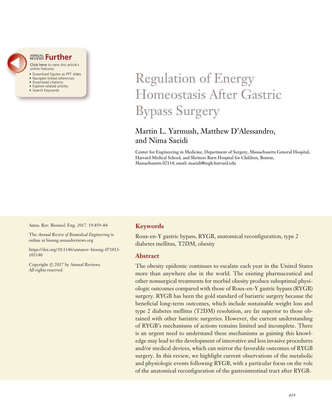 Regulation of Energy Homeostasis After Gastric Bypass Surgery by Martin L. Yarmush Matthew D'Alessandro and Nima Saeidi