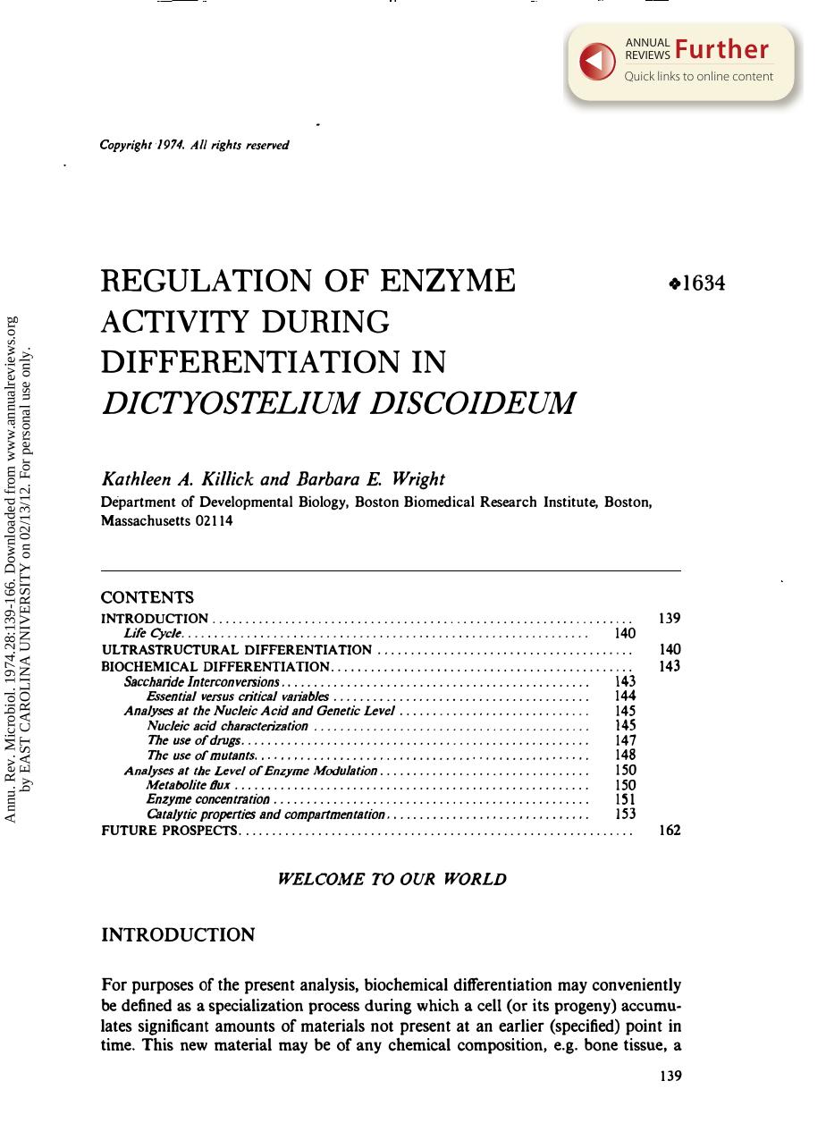 Regulation of Enzyme Activity During Differentiation in Dictyostelium Discoideum by K A Killick & B E Wright