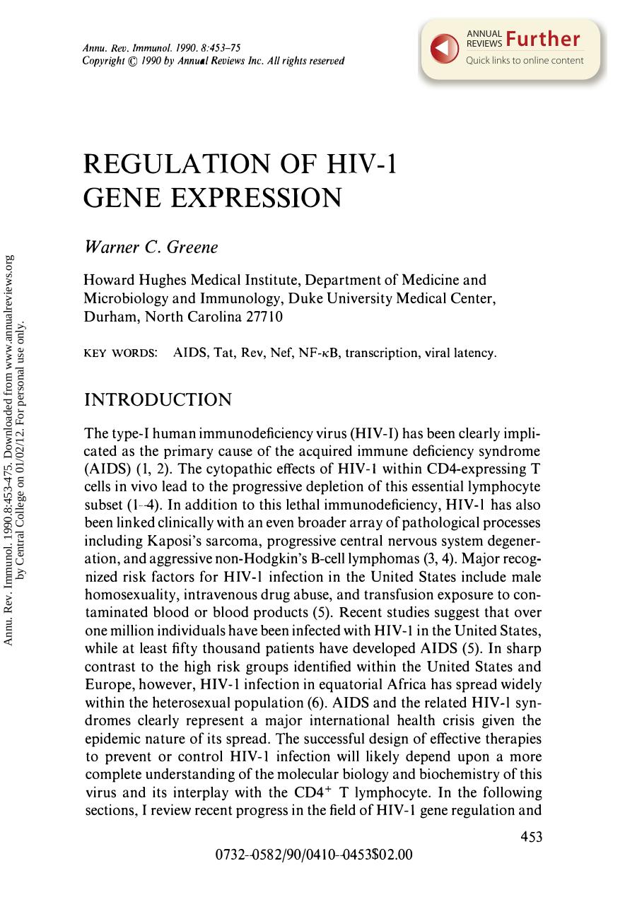 Regulation of HIV-1 Gene Expression by Warner C. Greene