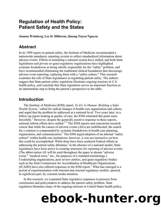Regulation of Health Policy: Patient Safety and the States by Unknown