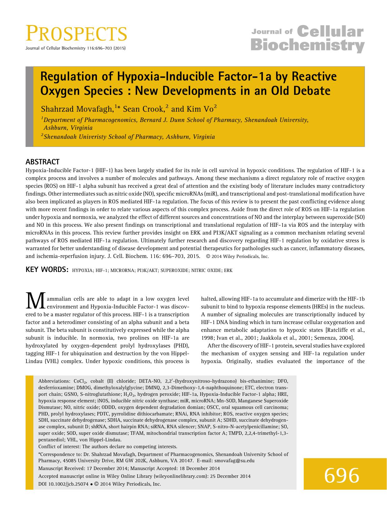 Regulation of Hypoxia-Inducible Factor-1a by Reactive Oxygen Species : New Developments in an Old Debate by Unknown